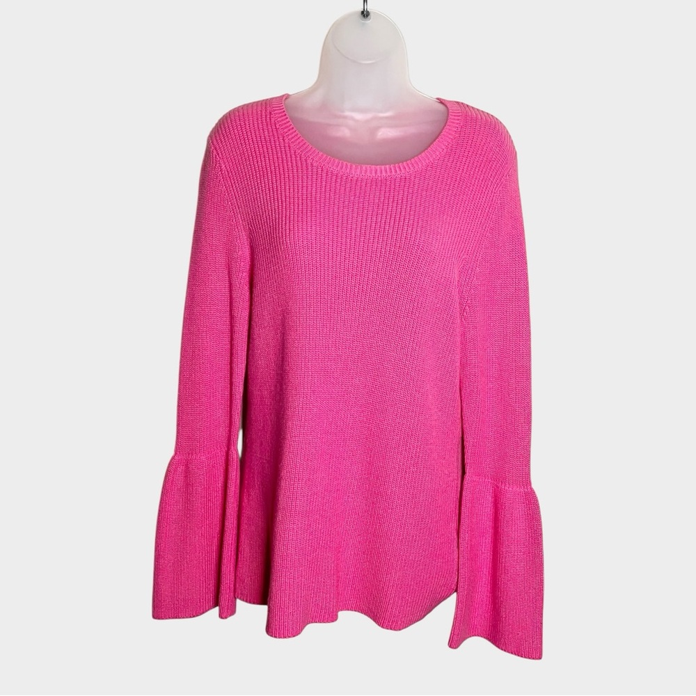 NWT MINNIE ROSE Vibrant Pink Shaker Knit Bell Sleeve Cotton Cashmere Sweater L - Picture 2 of 6
